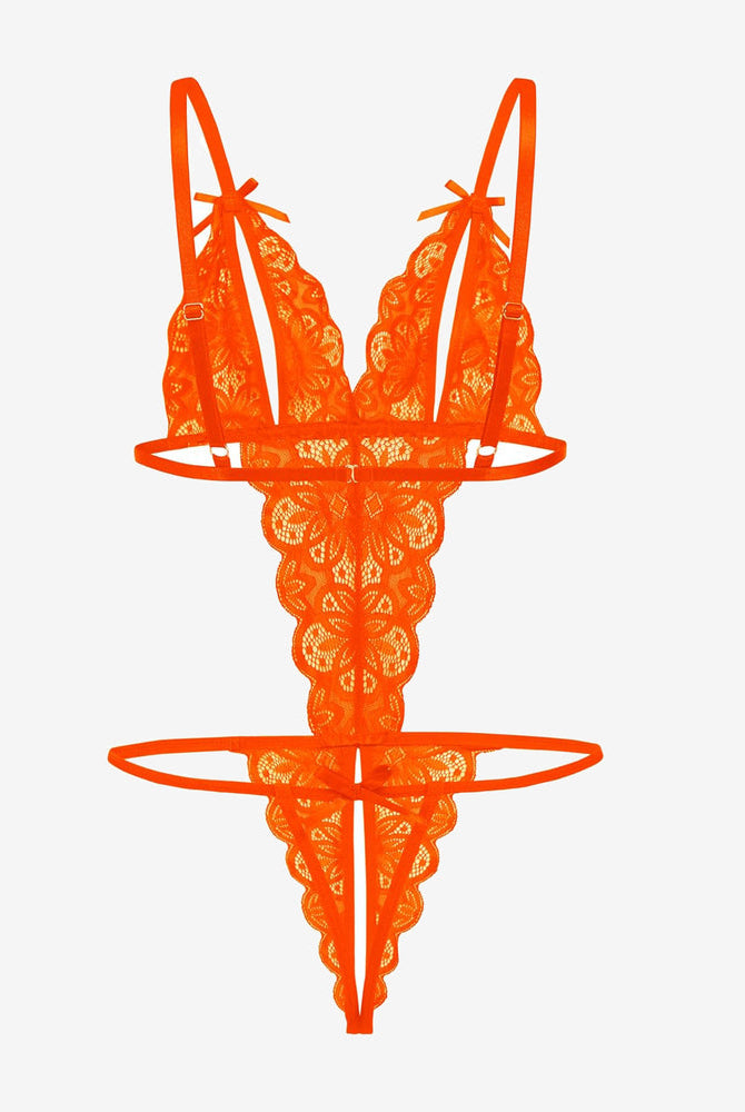 Orange lace bodysuit with open cup, deep V-neck, backless and bow details. Sexy lingerie by Avidlove