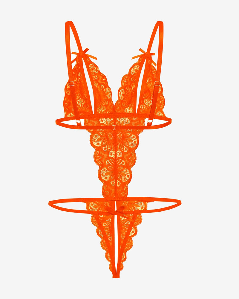 Orange lace bodysuit with open cup, deep V-neck, backless and bow details. Sexy lingerie by Avidlove