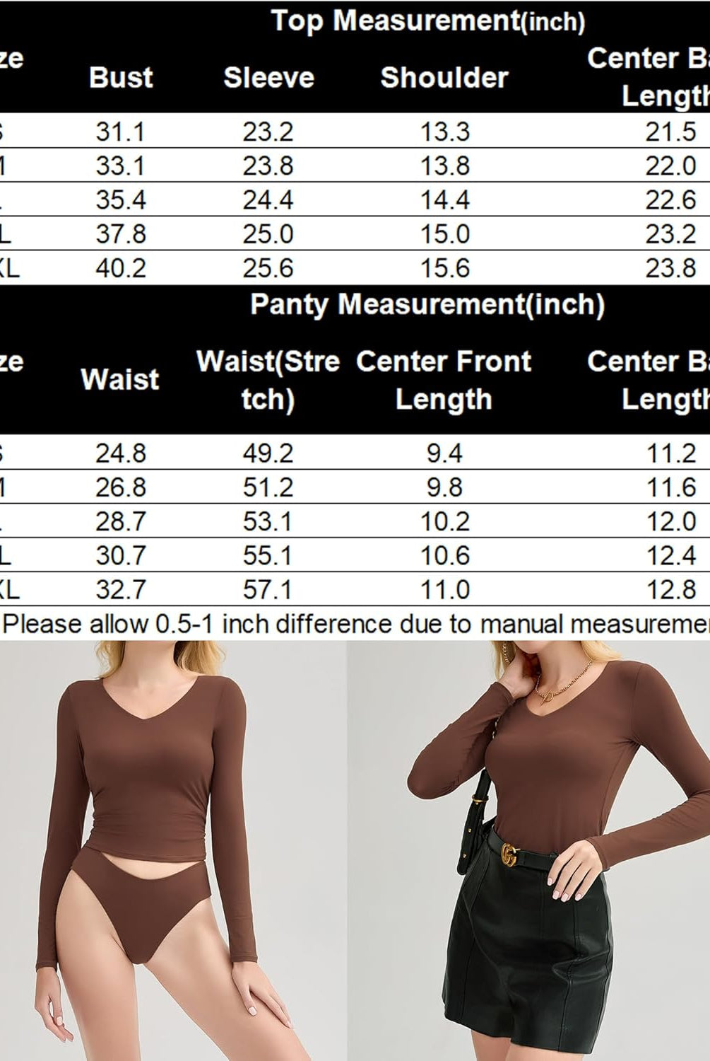 Brown Y2k lingerie set with size chart. Soft, stretchy fabric. Stylish V-neck top and panties.