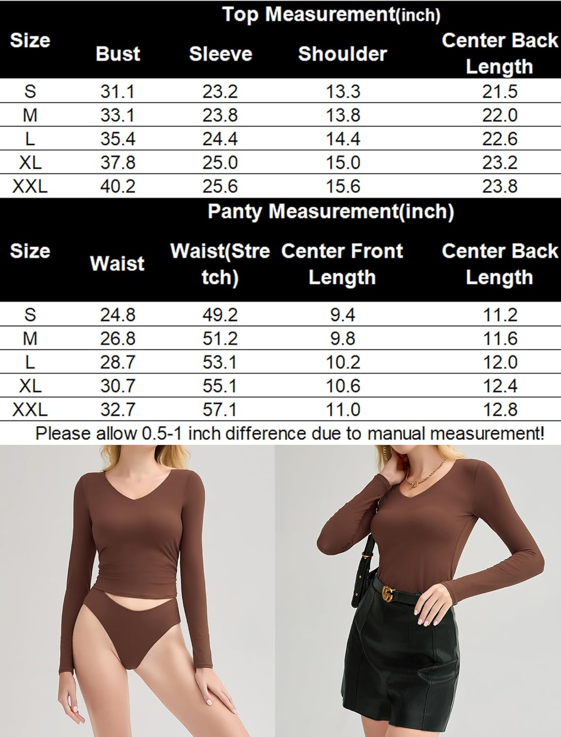 Brown Y2k lingerie set with size chart. Soft, stretchy fabric. Stylish V-neck top and panties.