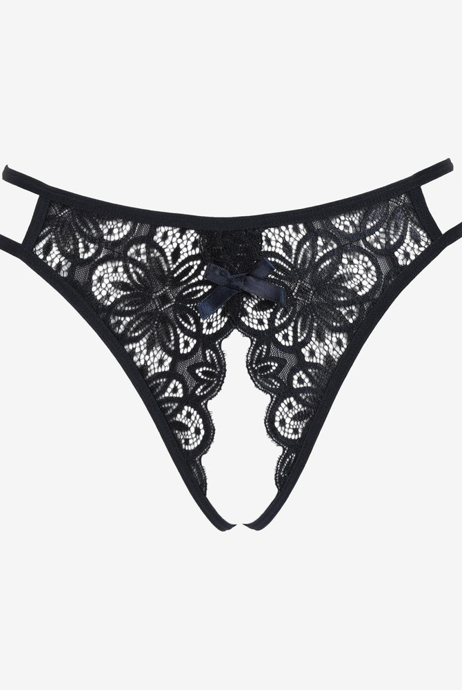 Black floral lace briefs with bow detail. Sexy low-rise design. Avidlove lingerie.