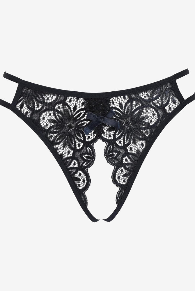 Black floral lace briefs with bow detail. Sexy low-rise design with open back.