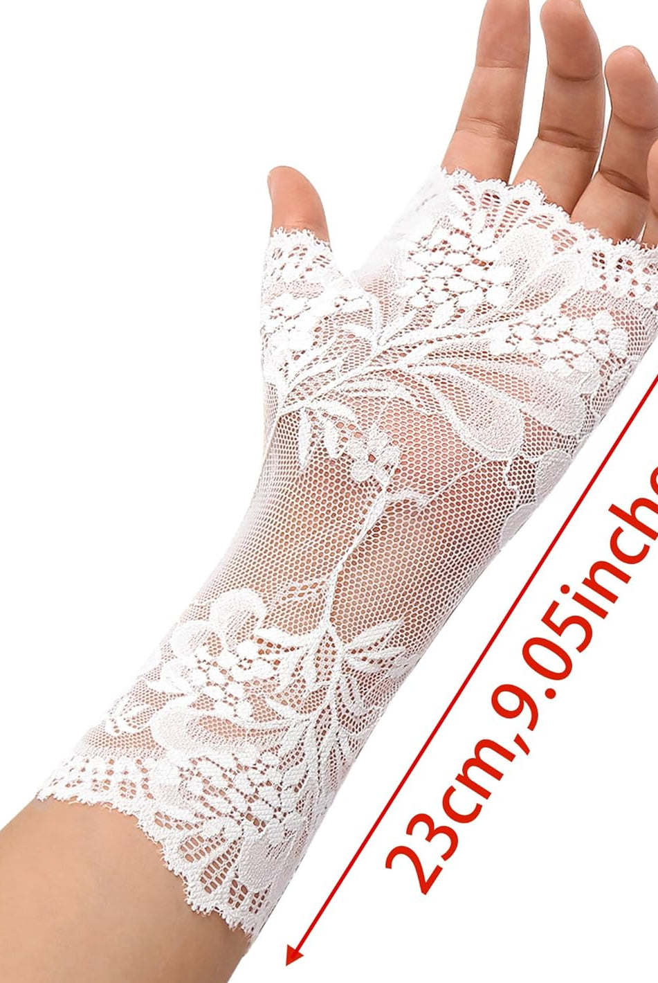 White floral lace fingerless bridal glove, 23cm/9.05 inches, perfect for weddings.