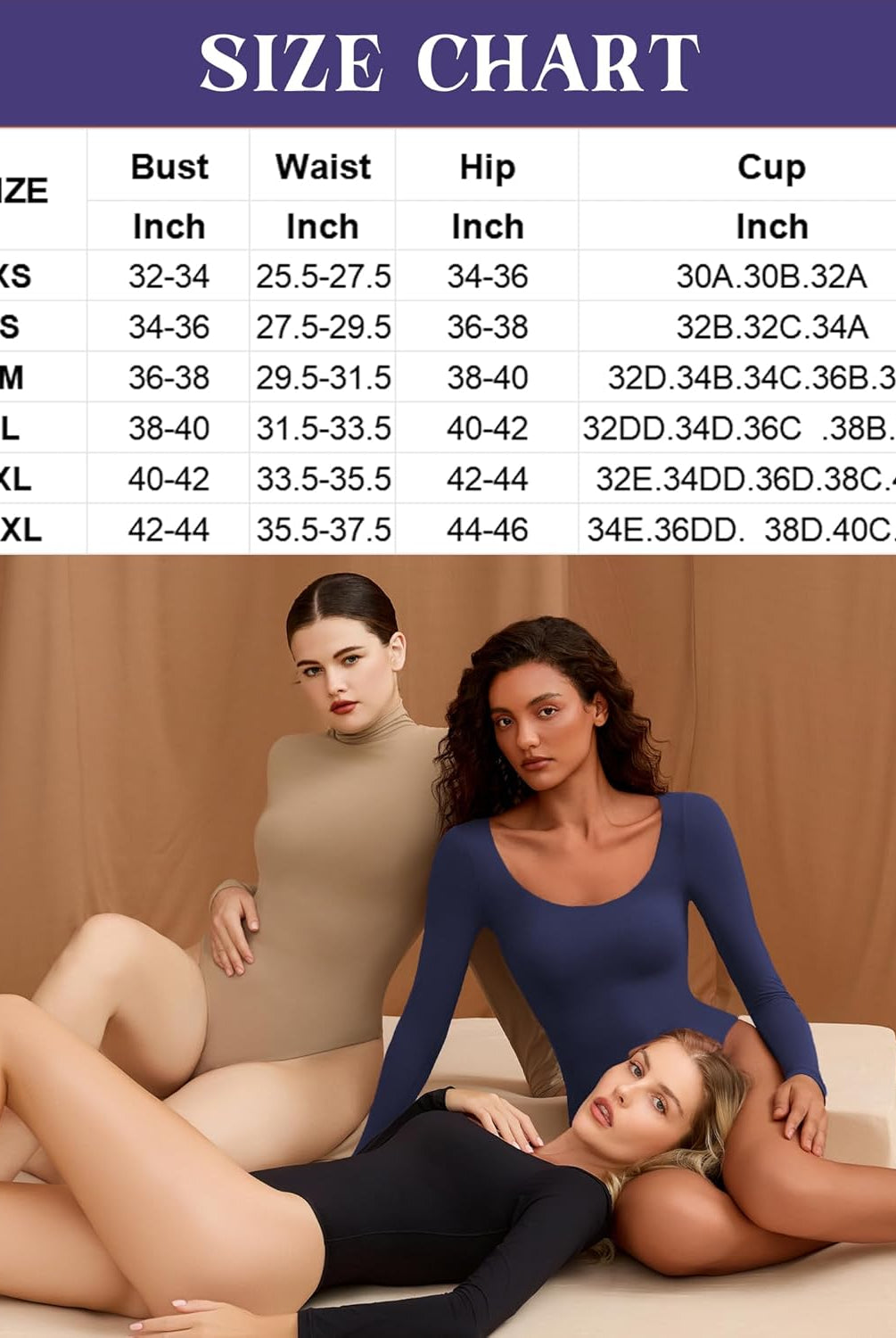 Shapewear size chart with models wearing scoop neck bodysuits in different colors. XS-XXL sizing.