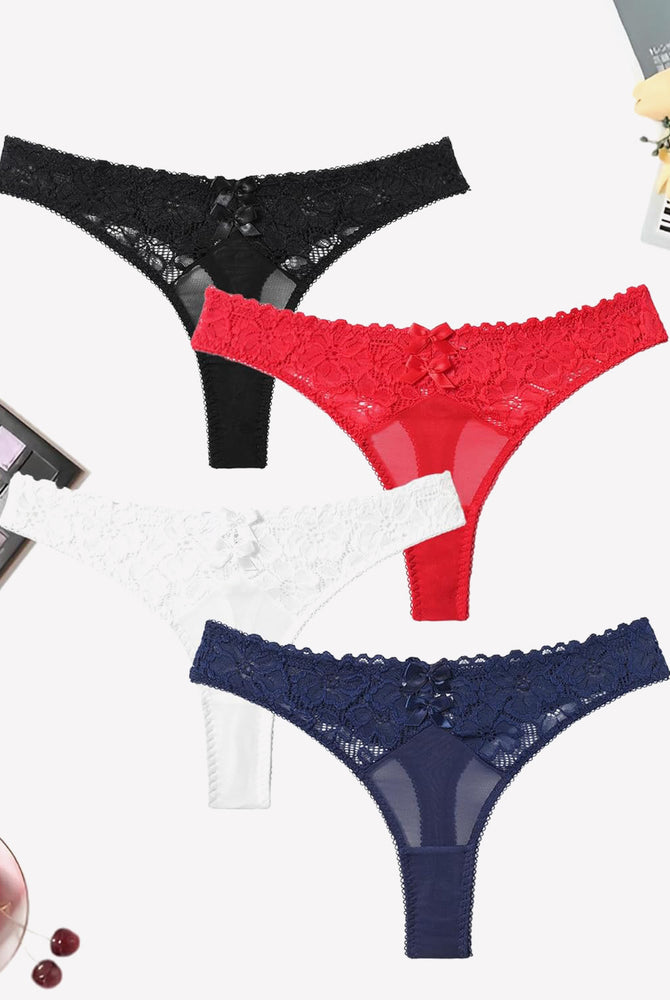 Mesh lace thongs in black, red, white, and navy, low waist panties with bow detail, elegant lingerie