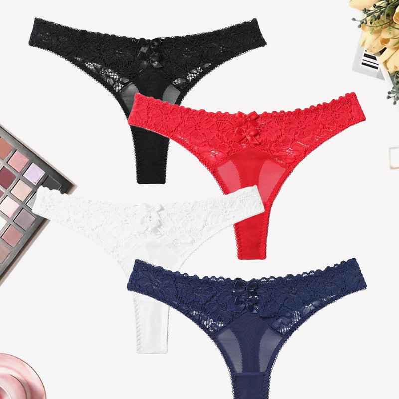 Mesh lace thongs in black, red, white, and navy, low waist panties with bow detail, elegant lingerie