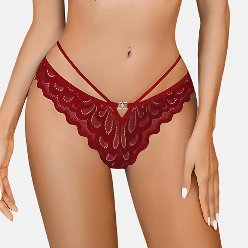 Red lace thong panties with criss-cross back and low-waist design. Sexy lingerie for women.