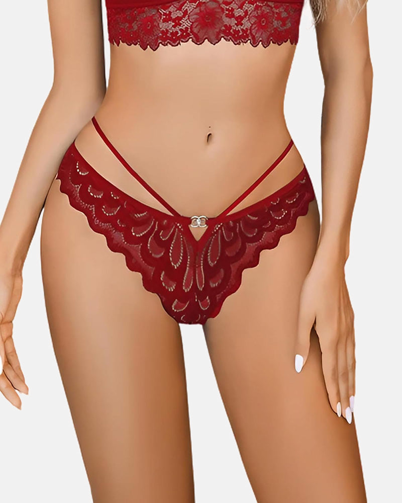 Red lace thong panties with criss-cross back and low-waist design. Sexy lingerie for women.