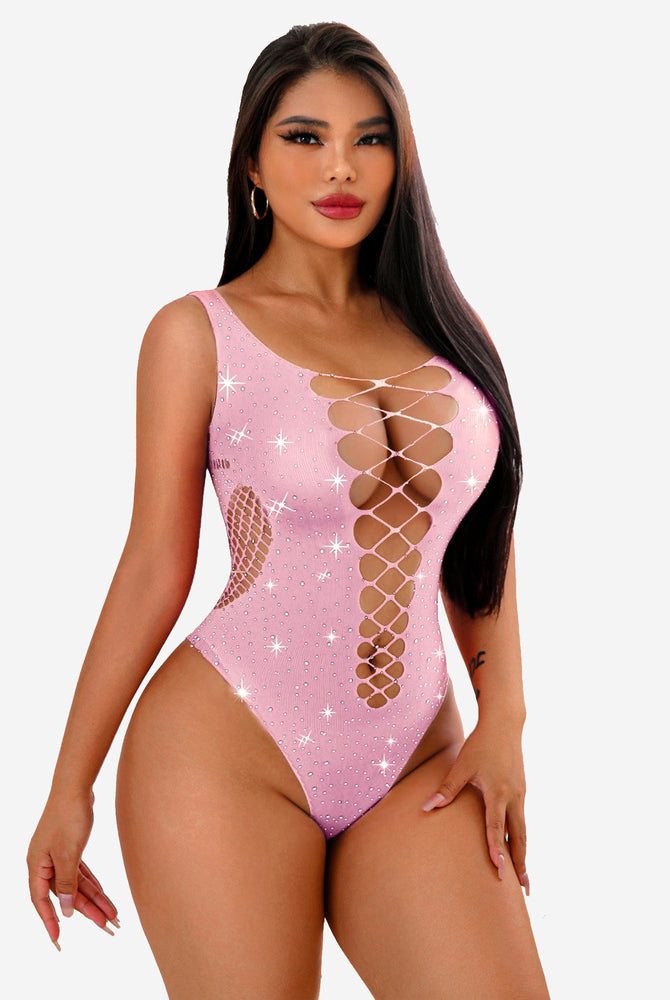 Pink rhinestone mesh fishnet bodysuit with lace-up detail for women, sexy lingerie.