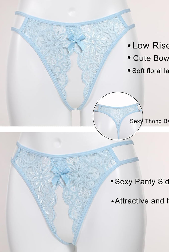 Blue floral lace briefs with cute bow, low-rise, and sexy thong back. Attractive lingerie.