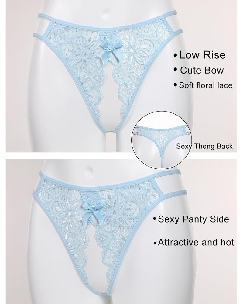 Blue floral lace briefs with cute bow, low-rise, and sexy thong back. Attractive lingerie.