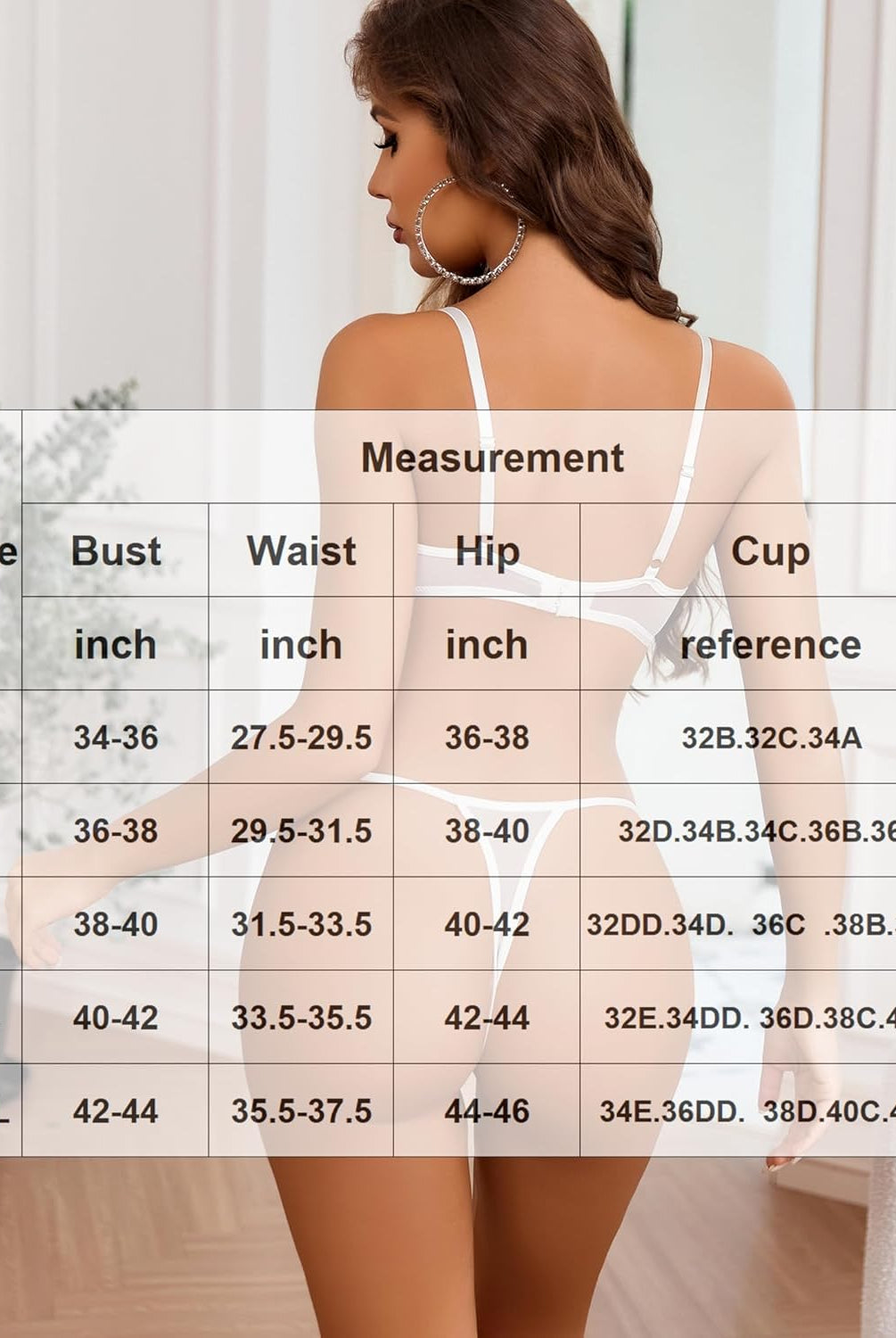 White cut-out lingerie set with size chart, perfect for bridal or romantic nights, Avidlove lingerie