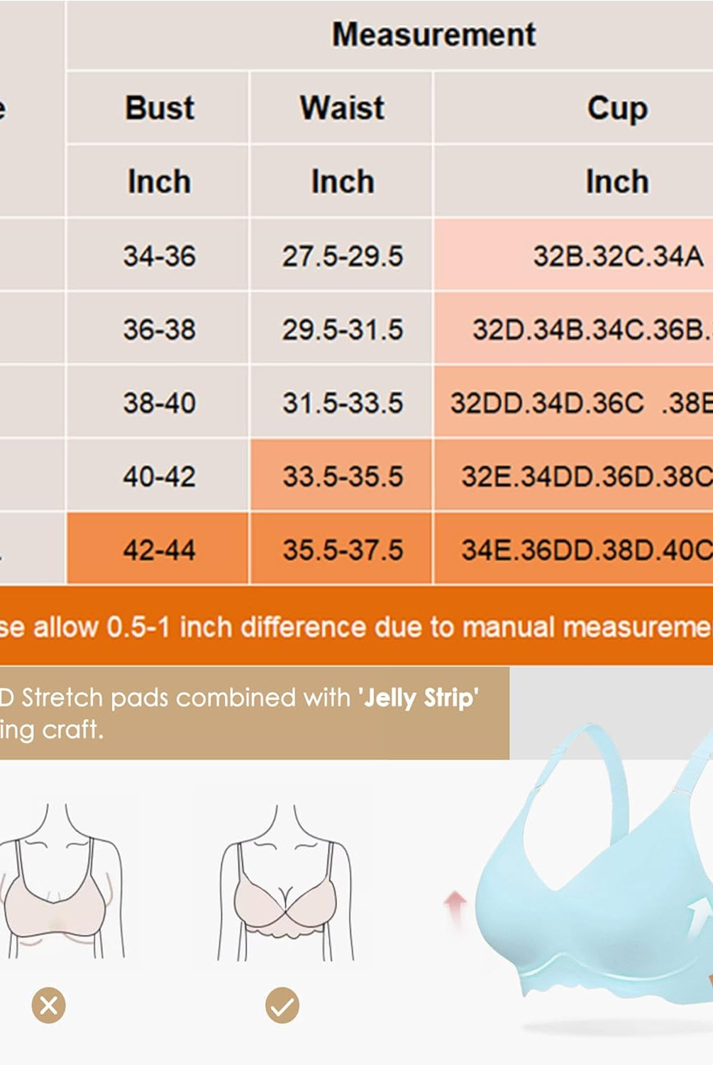 Seamless maternity bra size chart: bust, waist, cup sizes. Features 3D stretch pads & Jelly Strip.