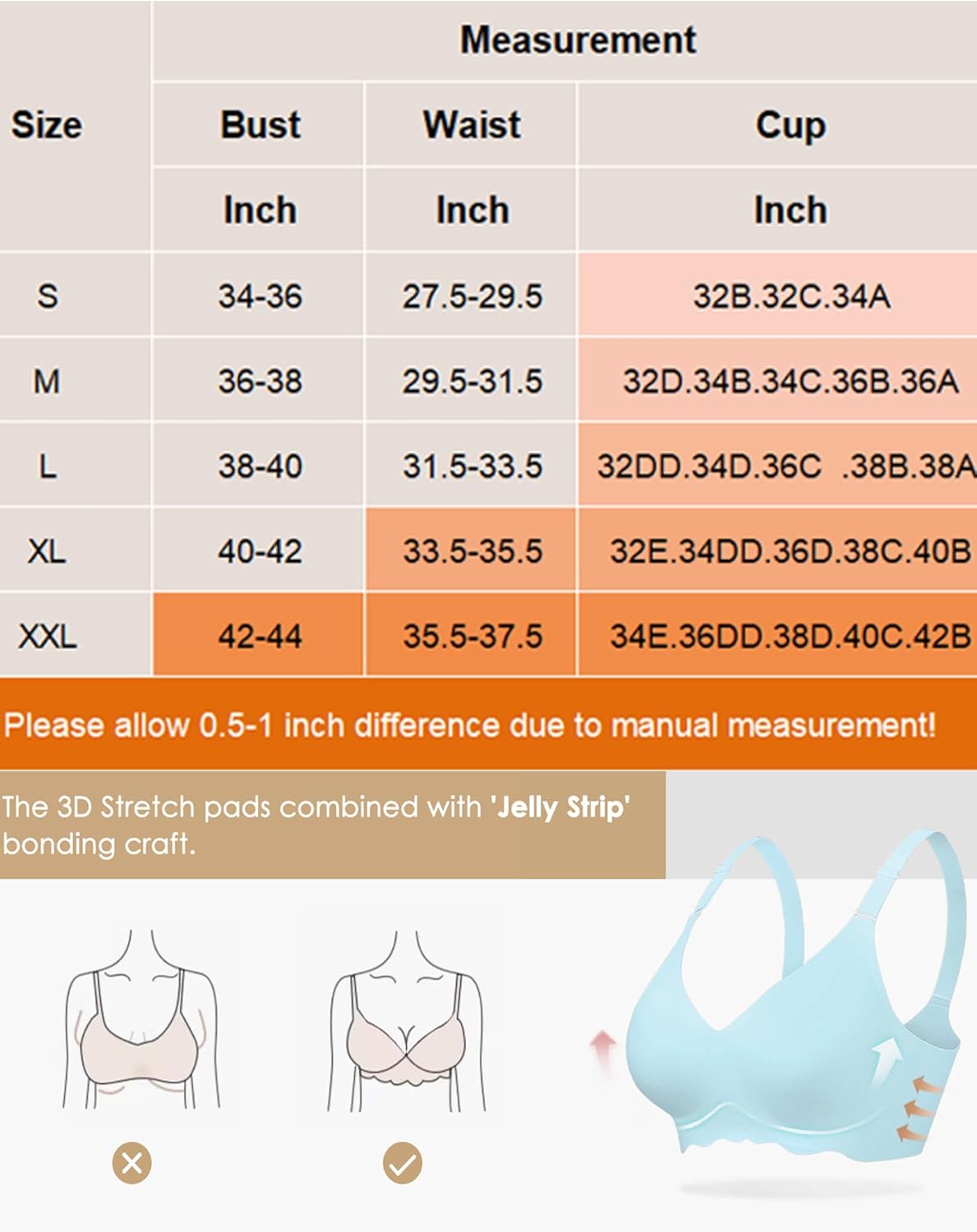 Seamless maternity bra size chart: bust, waist, cup sizes. Features 3D stretch pads & Jelly Strip.
