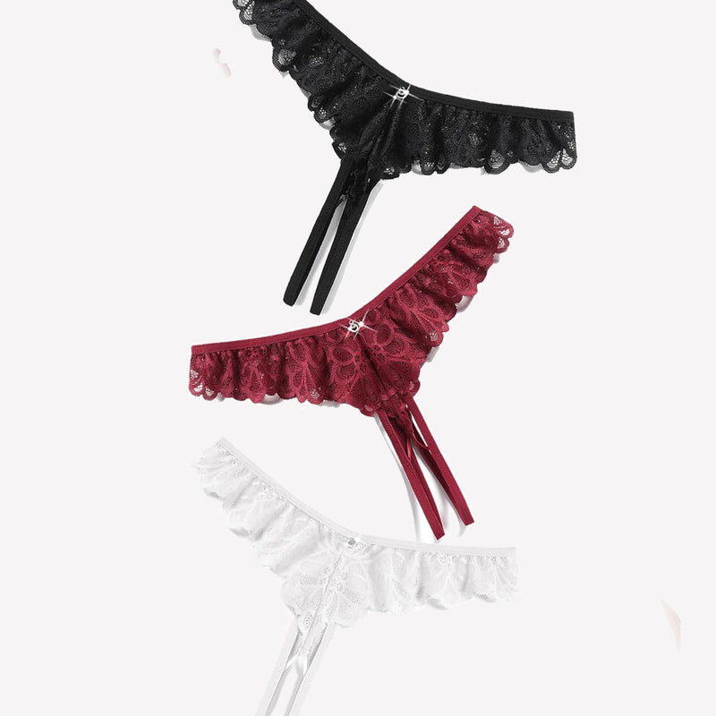 Lace thong briefs in black, burgundy, and white with criss-cross design and rhinestone details
