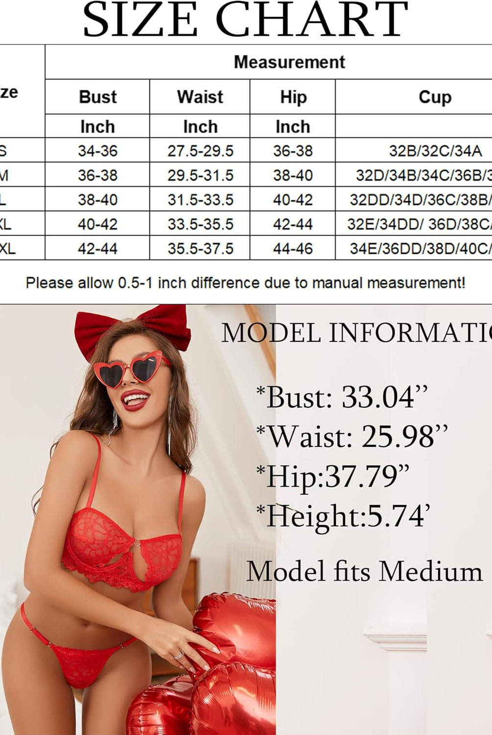Red lace push-up bra set size chart, model wearing size M, Avidlove lingerie