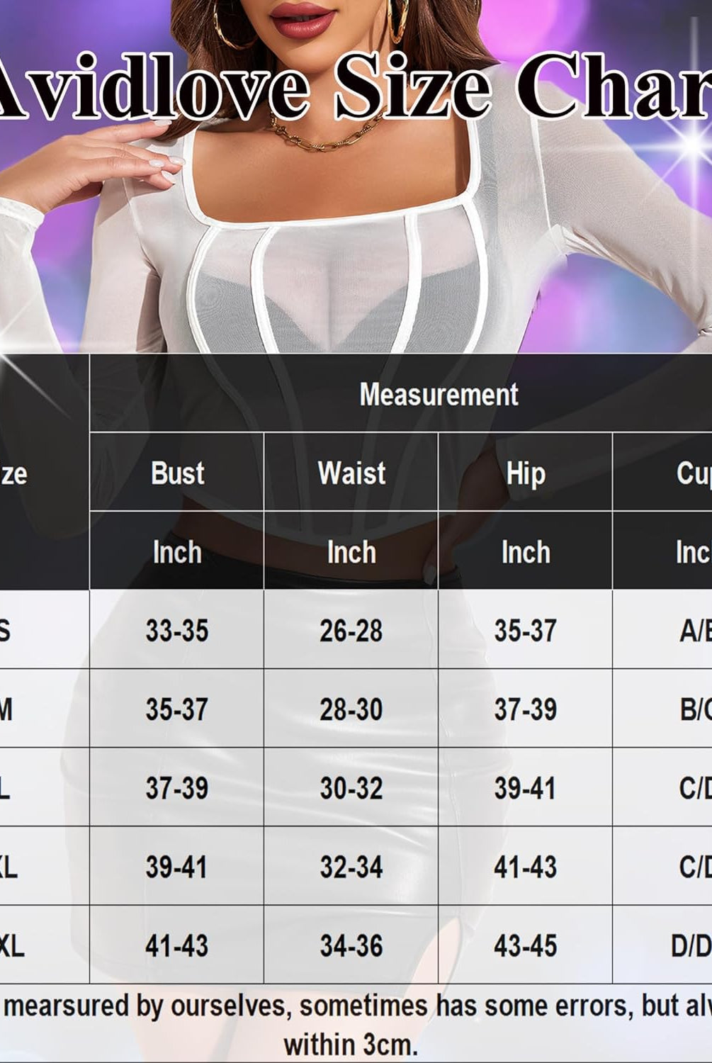 Mesh crop top size chart by Avidlove, measurements in inches, sizes S-2XL.