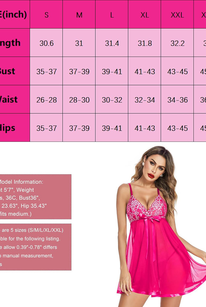 Floral lace babydoll lingerie with size chart. Mesh and lace design. Romantic gift for women