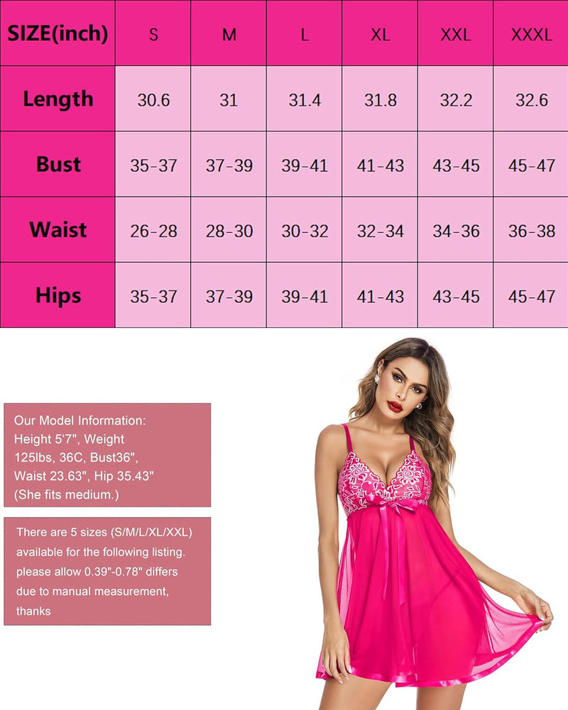 Floral lace babydoll lingerie with size chart. Mesh and lace design. Romantic gift for women