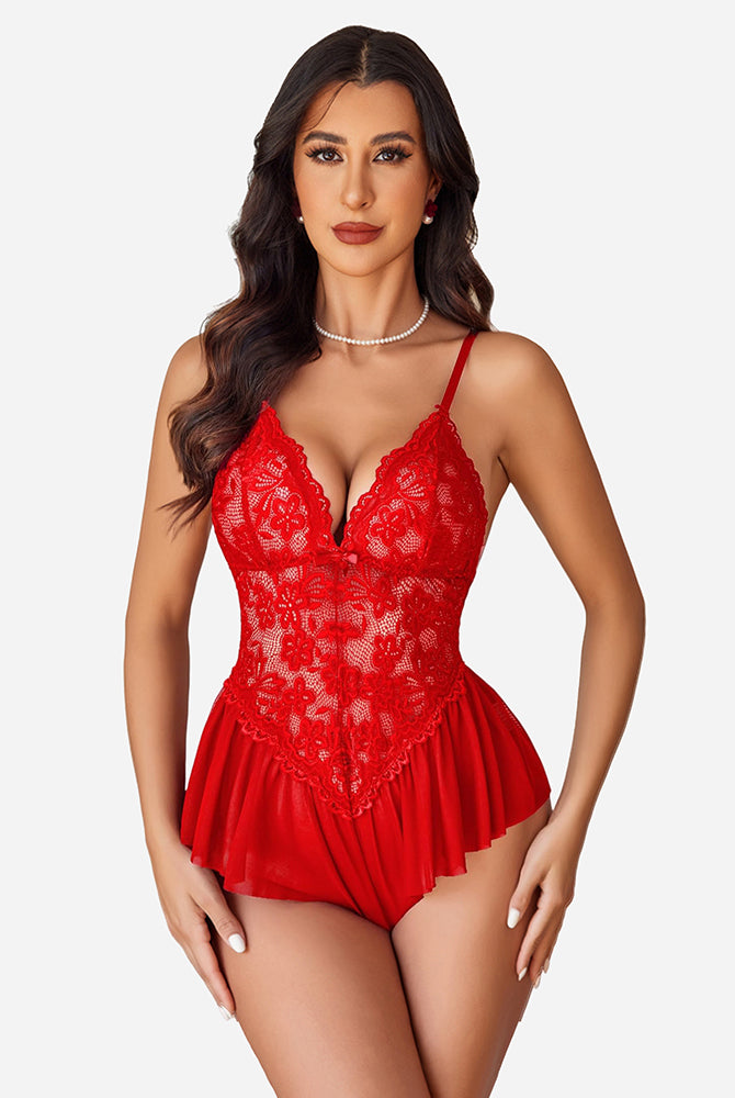 Red lace bodysuit with floral lace cups and adjustable straps, elegant lingerie for women