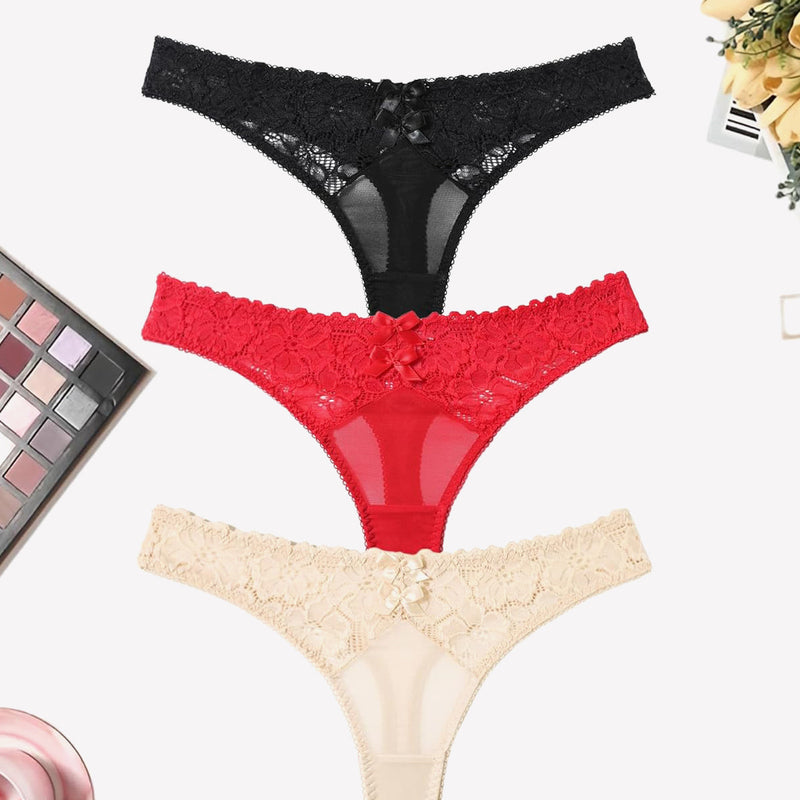 Mesh lace thongs in black, red, and beige with bow detail. Low waist panties for an elegant look.