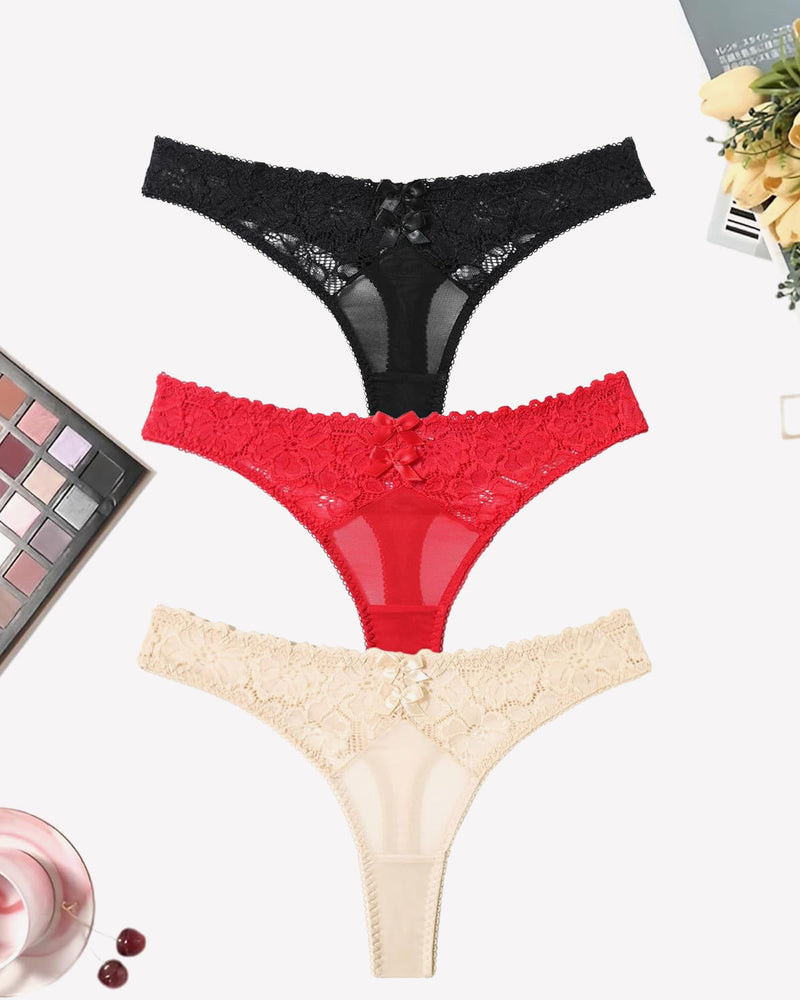 Mesh lace thongs in black, red, and beige with bow detail. Low waist panties for an elegant look.