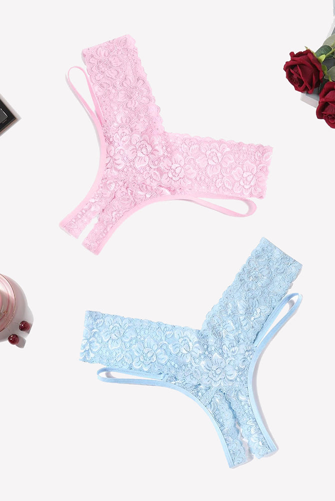 Avidlove Lace V-shape cheeky panties in pink and light blue. Low-rise design, sexy lingerie.
