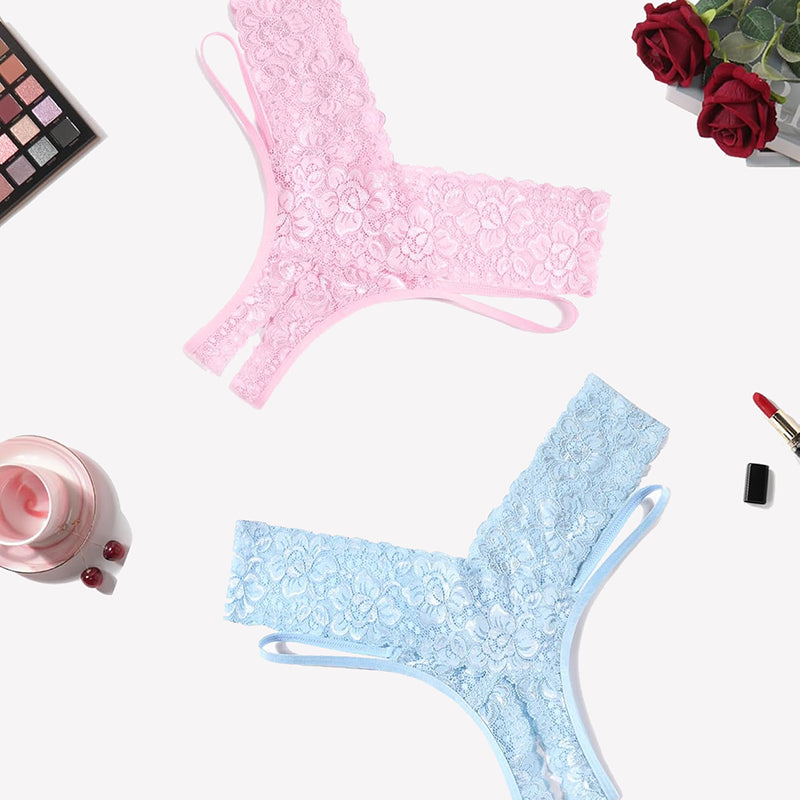 Avidlove Lace V-shape cheeky panties in pink and light blue. Low-rise design, sexy lingerie.