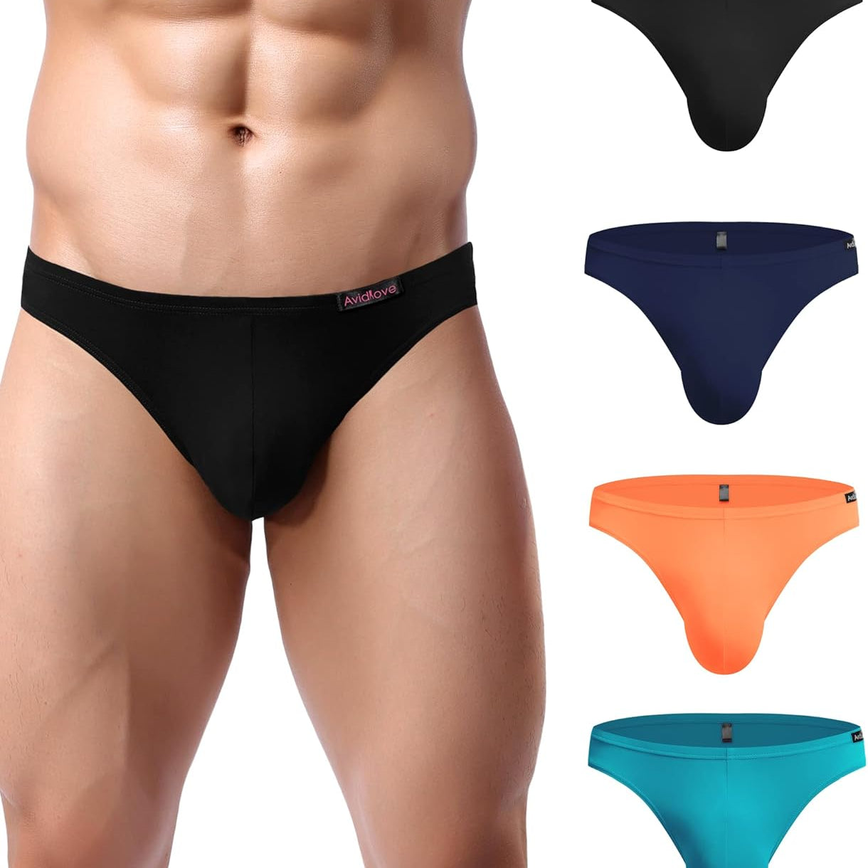 Men's low-rise hip briefs in black, navy, orange, and teal colors