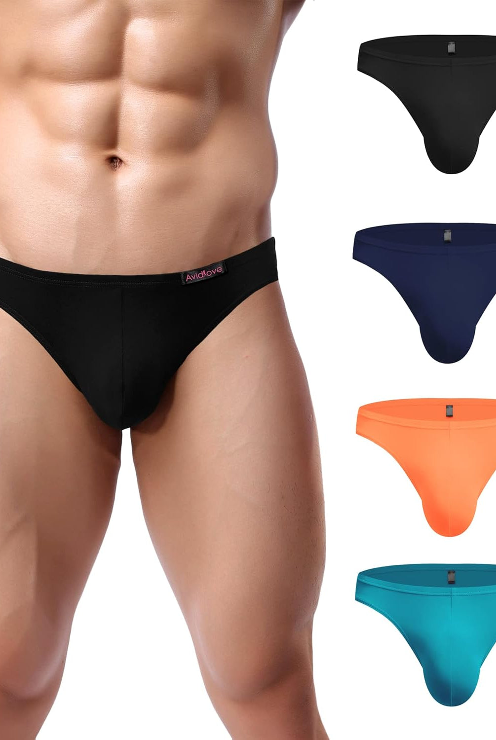 Men's low-rise hip briefs in black, navy, orange, and teal colors