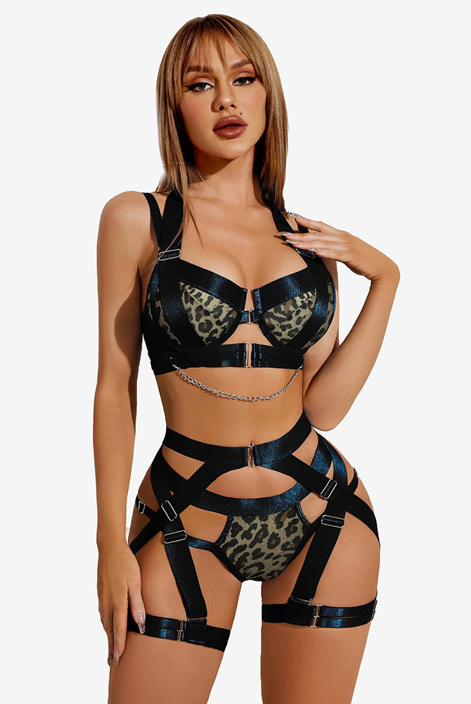 Avidlove Black push-up bra garter set with chain detail and leopard print cups for women