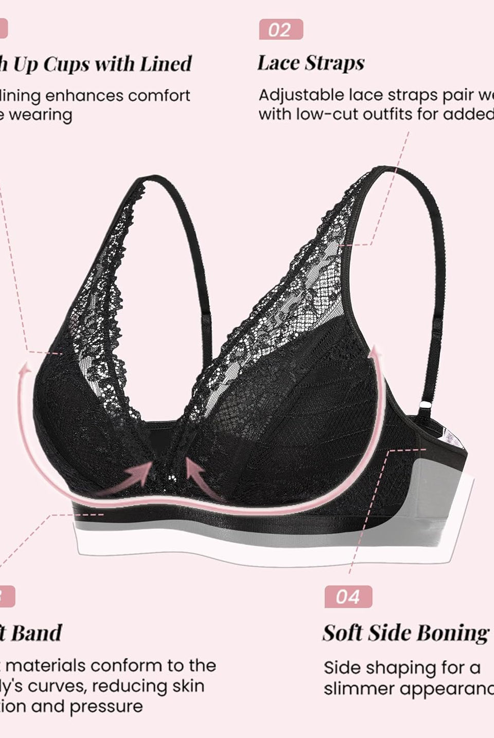 Black lace wireless bralette with adjustable straps, highlighting comfort and style features.