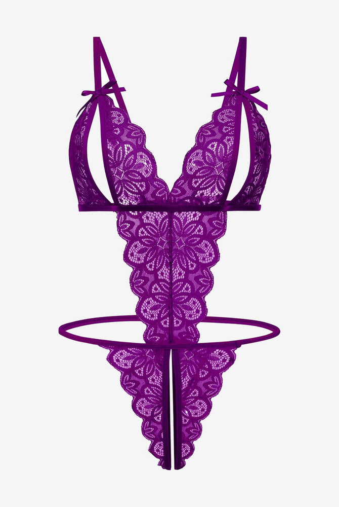 Purple lace open cup bodysuit, backless design with bow details. Sexy lingerie.