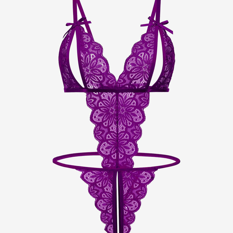 Purple lace open cup bodysuit, backless design with bow details. Sexy lingerie.