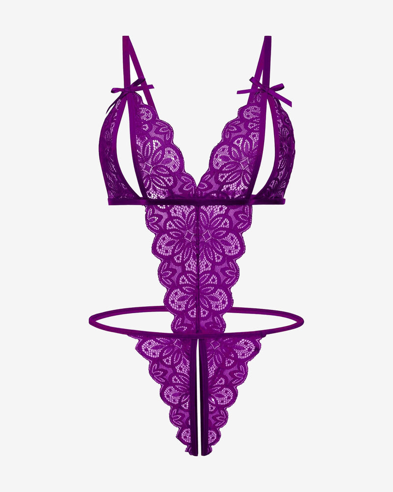 Purple lace open cup bodysuit, backless design with bow details. Sexy lingerie.