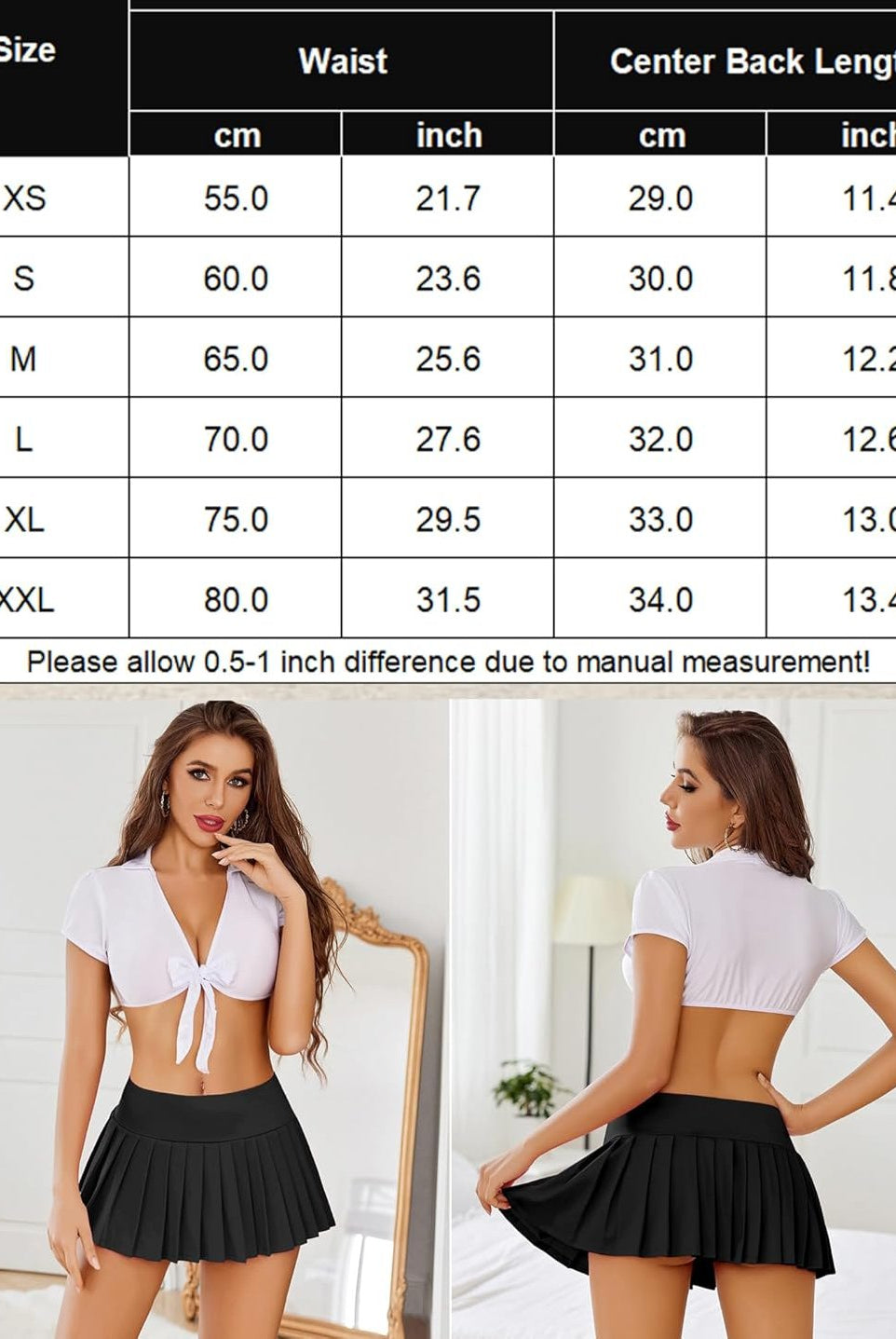 Black pleated mini skirt, high waist, Y2k style, sizes XS-XXL with measurement chart.