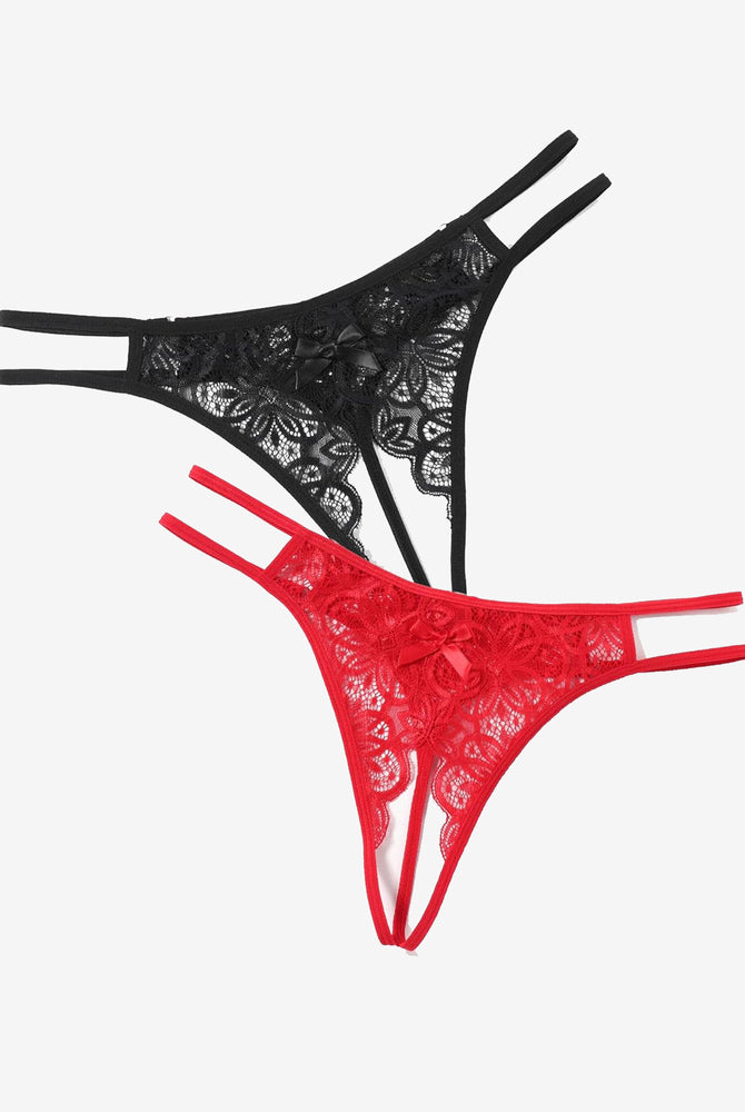 Black and red floral lace briefs with bow detail. Sexy low-rise design.