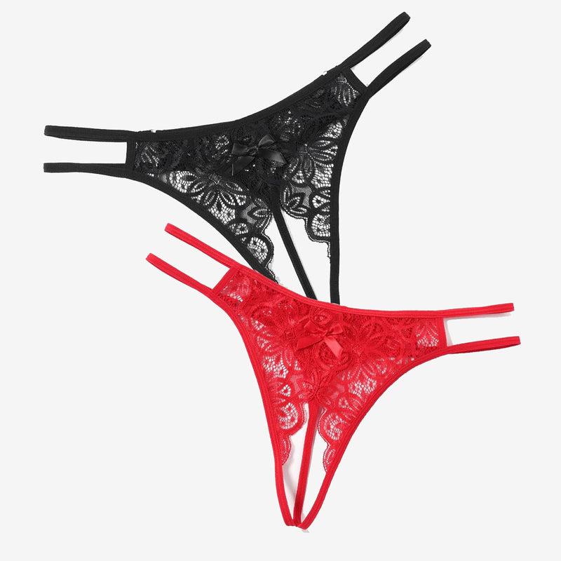 Floral lace thong briefs set with cute bow, in black and red