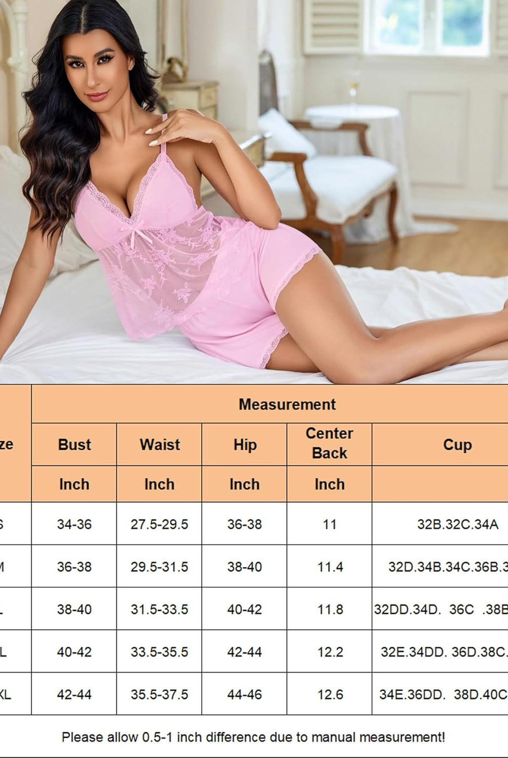 Pink lace cami pajama set with shorts, adjustable straps, bow decor, and size chart