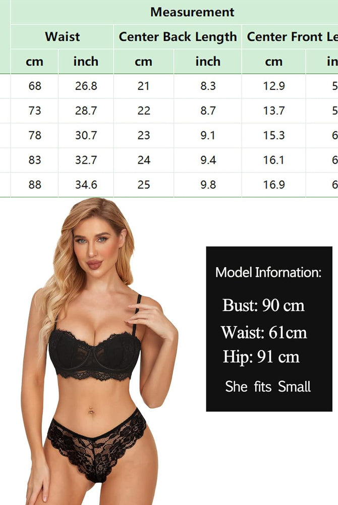Black lace hipster panties set, size chart included. Model fits small. Sexy and stylish lingerie.