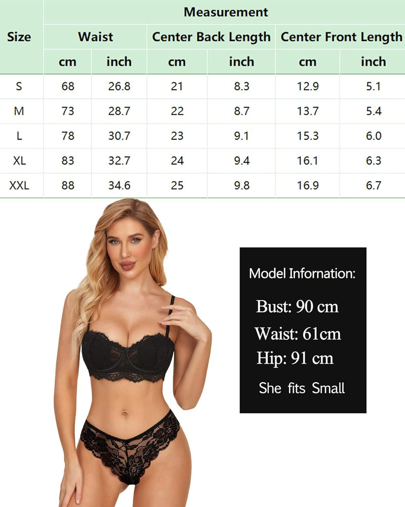 Black lace hipster panties set, size chart included. Model fits small. Sexy and stylish lingerie.