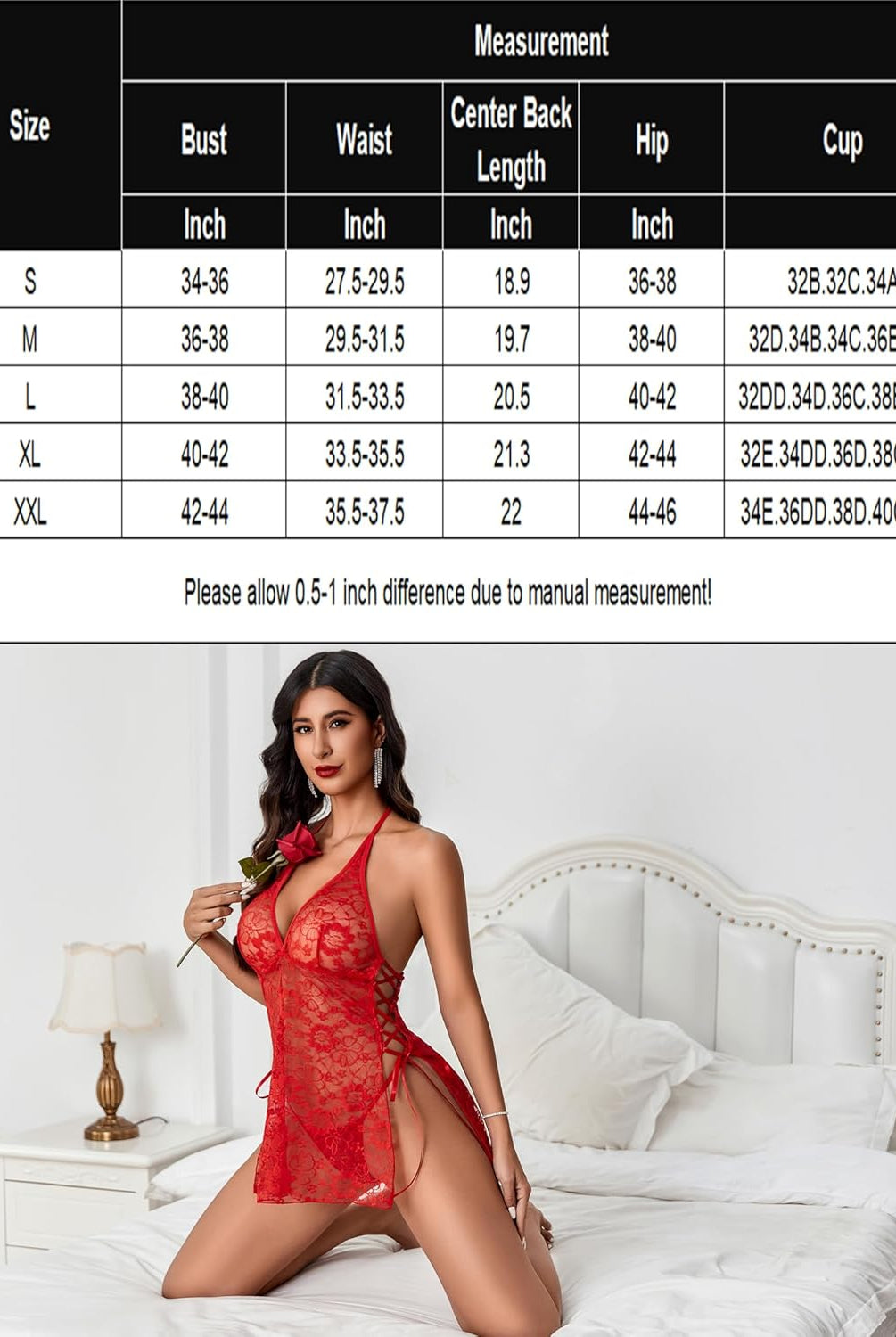Red lace boudoir outfit with side slit, halter neckline. Sexy lingerie with size chart.