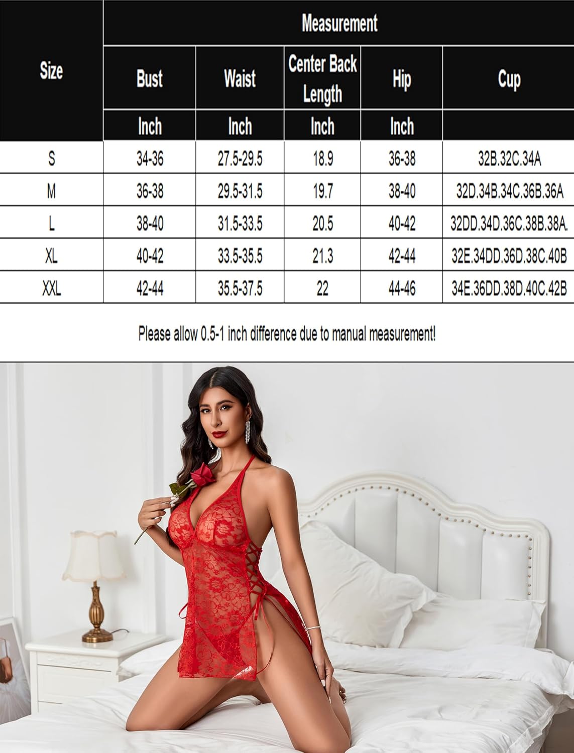 Red lace boudoir outfit with side slit, halter neckline. Sexy lingerie with size chart.