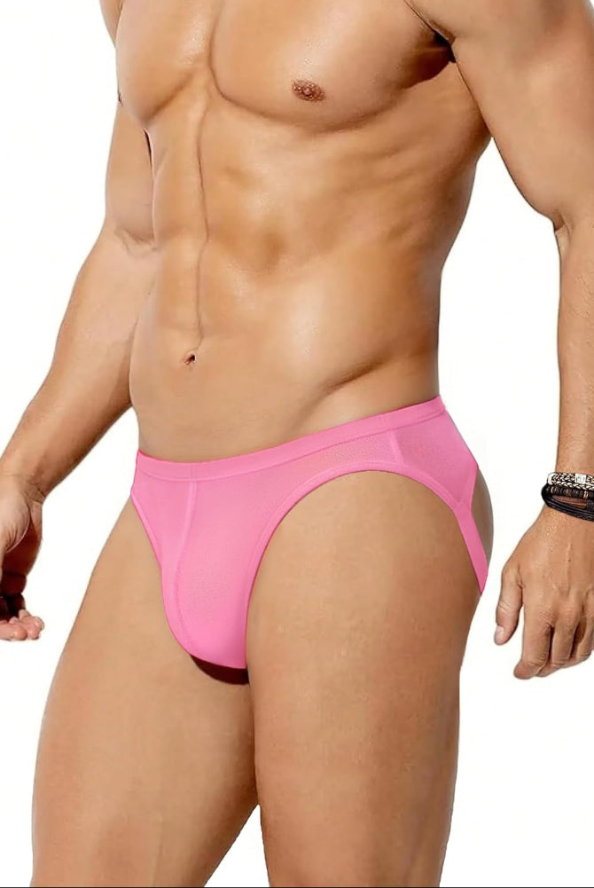 Men's mesh jock strap with thong cut, bright pink