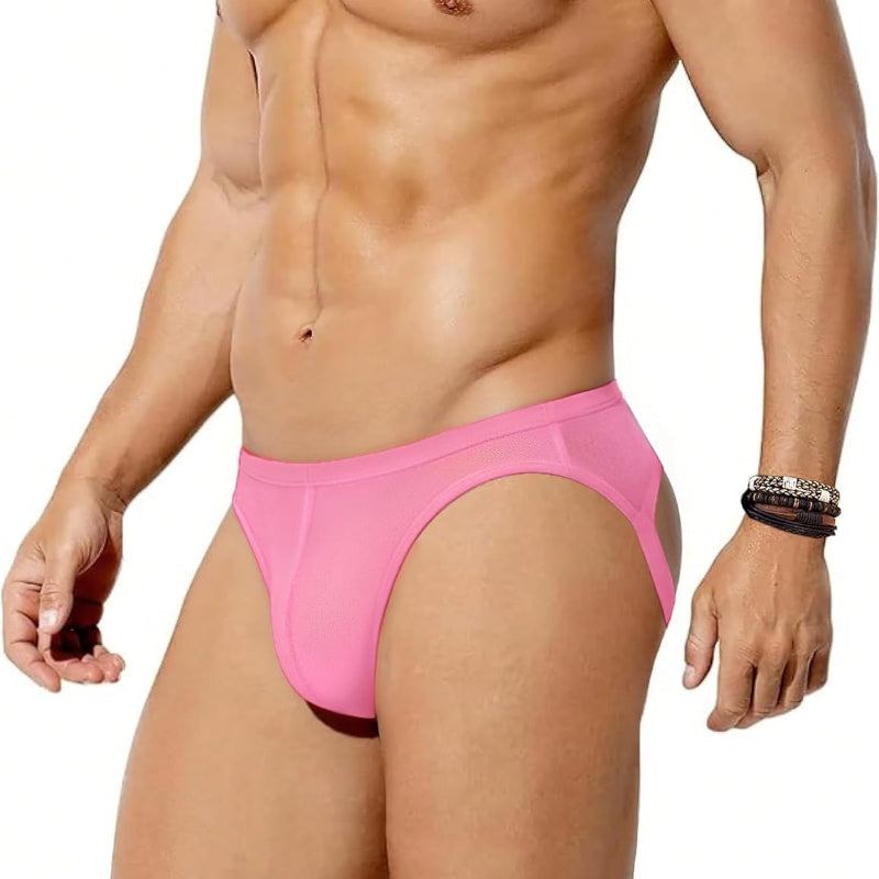 Men's mesh jock strap with thong cut, bright pink