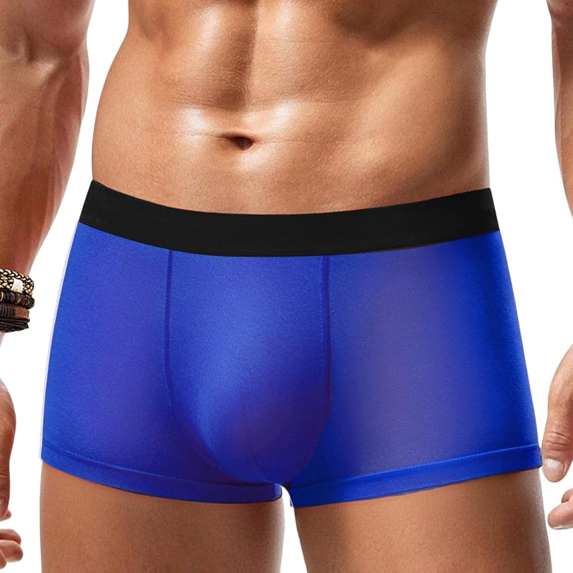 Men's blue mesh boxer briefs with stretchy waistband