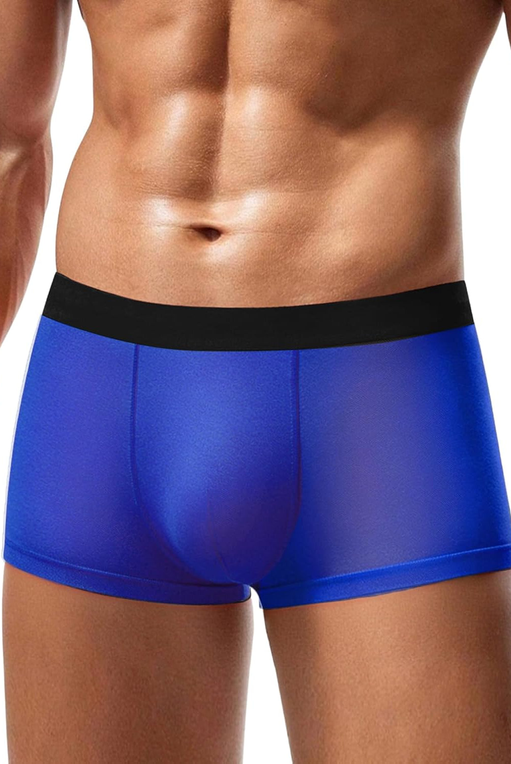 Men's blue mesh boxer briefs with stretchy waistband