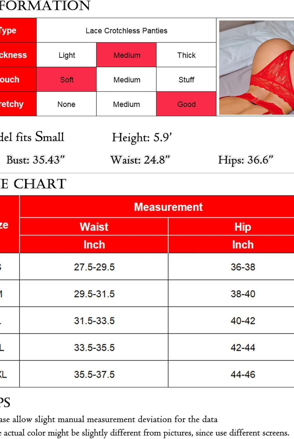 Red lace crotchless thong with lace detail, size chart, flirty panties