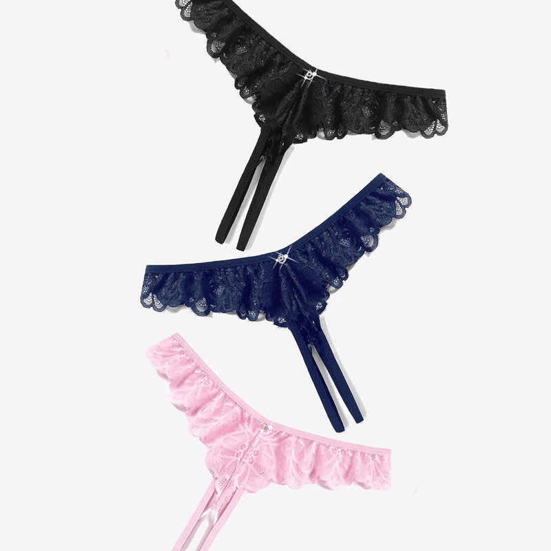 Lace thong briefs in black, navy blue, and pink with criss-cross design and rhinestone details