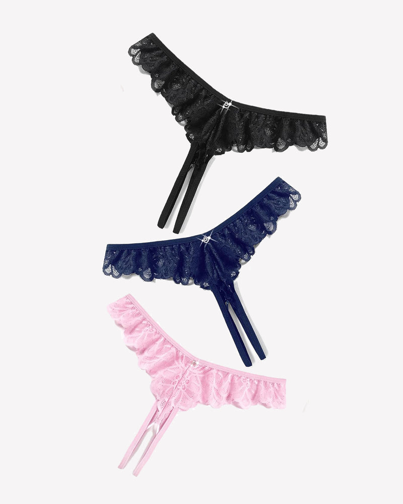 Lace thong briefs in black, navy blue, and pink with criss-cross design and rhinestone details
